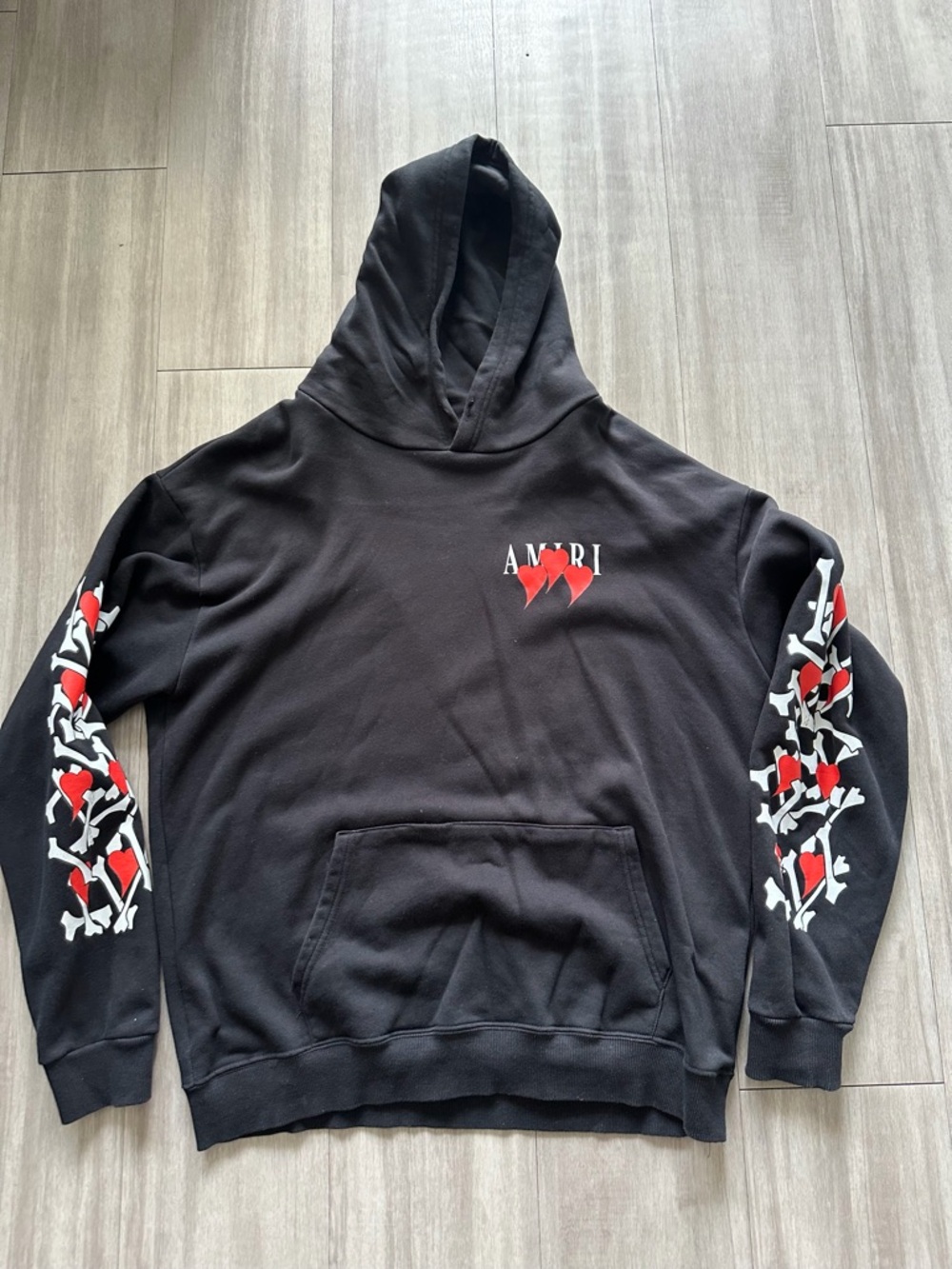 AMIRI Black Hoodie with Red & White Heart Sleeve Graphics (LARGE) - Picture 2 of 7